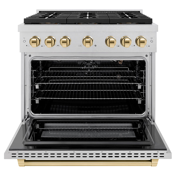 ZLINE Autograph Edition 36 in. 5.2 cu. ft. Paramount Gas Range with 6 Burner DuoPro™ Cooktop and Convection Gas Oven in Satin Stainless Steel and Polished Gold Accents (PSGRSZ-36-G)