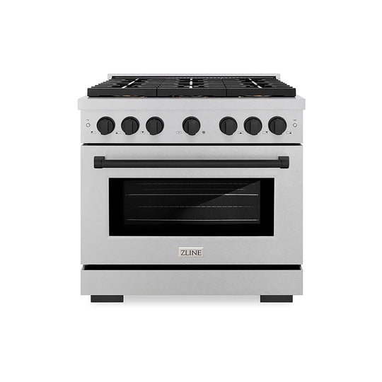 ZLINE Autograph Edition 36 in. 5.2 cu. ft. Paramount Gas Range with 6 Burner DuoPro™ Cooktop and Convection Gas Oven in Satin Stainless Steel and Matte Black Accents (PSGRSZ-36-MB)