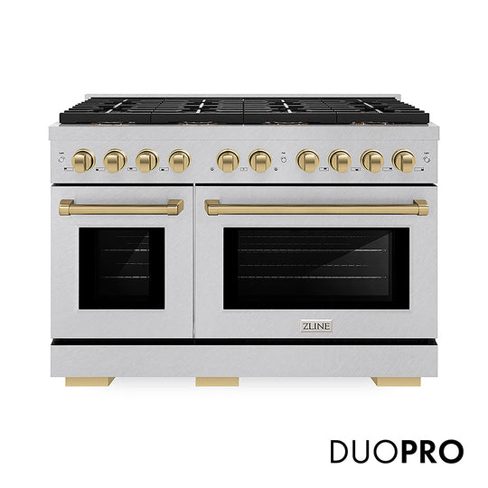 ZLINE Autograph Edition 48 in. 6.7 cu. ft. Paramount Gas Range with 8 Burner DuoPro™ Cooktop and Dual Ovens in Satin Stainless Steel and Champagne Bronze Accents (PSGRSZ-48-CB)
