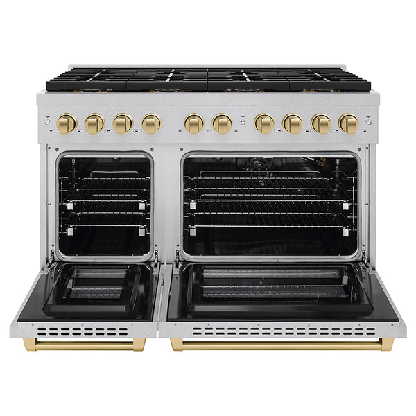 ZLINE Autograph Edition 48 in. 6.7 cu. ft. Paramount Gas Range with 8 Burner DuoPro™ Cooktop and Dual Ovens in Satin Stainless Steel and Champagne Bronze Accents (PSGRSZ-48-CB)