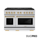 ZLINE Autograph Edition 48 in. 6.7 cu. ft. Paramount Gas Range with 8 Burner DuoPro™ Cooktop and Dual Ovens in Satin Stainless Steel and Polished Gold Accents (PSGRSZ-48-G)