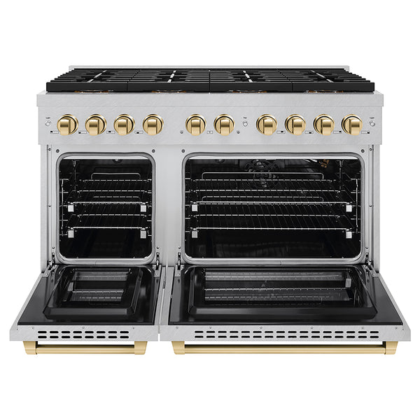 ZLINE Autograph Edition 48 in. 6.7 cu. ft. Paramount Gas Range with 8 Burner DuoPro™ Cooktop and Dual Ovens in Satin Stainless Steel and Polished Gold Accents (PSGRSZ-48-G)