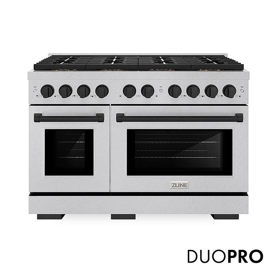 ZLINE Autograph Edition 48 in. 6.7 cu. ft. Paramount Gas Range with 8 Burner DuoPro™ Cooktop and Dual Ovens in Satin Stainless Steel and Matte Black Accents (PSGRSZ-48-MB)