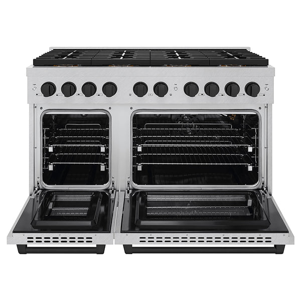 ZLINE Autograph Edition 48 in. 6.7 cu. ft. Paramount Gas Range with 8 Burner DuoPro™ Cooktop and Dual Ovens in Satin Stainless Steel and Matte Black Accents (PSGRSZ-48-MB)