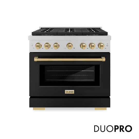 ZLINE Autograph Edition 36 in. 5.2 cu. ft. Paramount Dual Fuel Range with 6 Burner DuoPro™ Cooktop and Electric Convection Oven in Satin Stainless Steel with Black Matte Door and Champagne Bronze Accents (PSDRSZ-BLM36-CB)