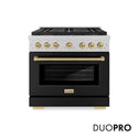 ZLINE Autograph Edition 36 in. 5.2 cu. ft. Paramount Gas Range with 6 Burner DuoPro™ Cooktop and Convection Gas Oven in Satin Stainless Steel with Black Matte Door and Champagne Bronze Accents (PSGRSZ-BLM36-CB)