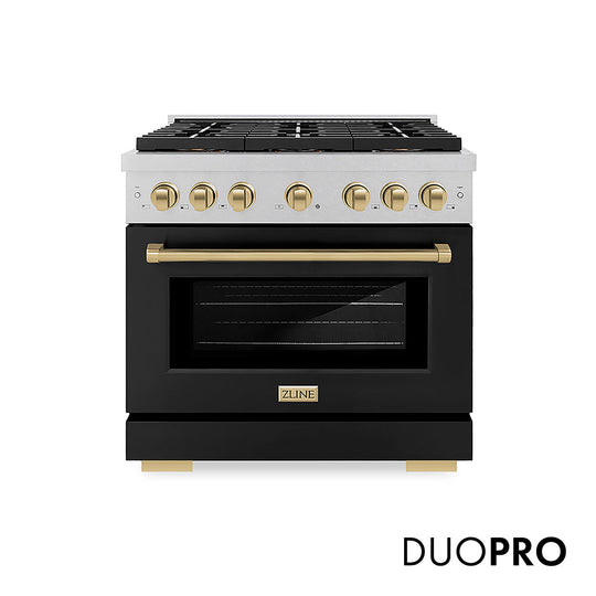 ZLINE Autograph Edition 36 in. 5.2 cu. ft. Paramount Gas Range with 6 Burner DuoPro™ Cooktop and Convection Gas Oven in Satin Stainless Steel with Black Matte Door and Champagne Bronze Accents (PSGRSZ-BLM36-CB)