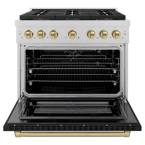 ZLINE Autograph Edition 36 in. 5.2 cu. ft. Paramount Gas Range with 6 Burner DuoPro™ Cooktop and Convection Gas Oven in Satin Stainless Steel with Black Matte Door and Champagne Bronze Accents (PSGRSZ-BLM36-CB)