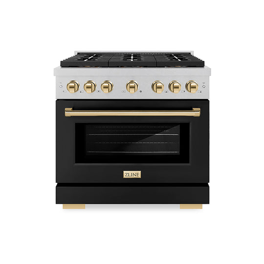 ZLINE Autograph Edition 36 in. 5.2 cu. ft. Paramount Gas Range with 6 Burner DuoPro™ Cooktop and Convection Gas Oven in Satin Stainless Steel with Black Matte Door and Polished Gold Accents (PSGRSZ-BLM36-G)