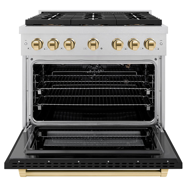 ZLINE Autograph Edition 36 in. 5.2 cu. ft. Paramount Gas Range with 6 Burner DuoPro™ Cooktop and Convection Gas Oven in Satin Stainless Steel with Black Matte Door and Polished Gold Accents (PSGRSZ-BLM36-G)