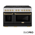 ZLINE Autograph Edition 48 in. 6.7 cu. ft. Paramount Dual Fuel Range with 8 Burner DuoPro™ Cooktop and Dual Ovens in Satin Stainless Steel with Black Matte Doors and Champagne Bronze Accents (PSDRSZ-BLM48-CB)