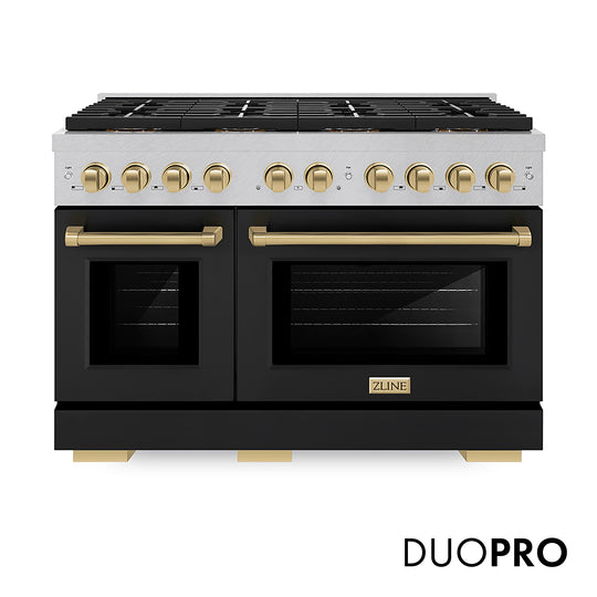 ZLINE Autograph Edition 48 in. 6.7 cu. ft. Paramount Dual Fuel Range with 8 Burner DuoPro™ Cooktop and Dual Ovens in Satin Stainless Steel with Black Matte Doors and Champagne Bronze Accents (PSDRSZ-BLM48-CB)