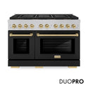 ZLINE Autograph Edition 48 in. 6.7 cu. ft. Paramount Gas Range with 8 Burner DuoPro™ Cooktop and Dual Ovens in Satin Stainless Steel with Black Matte Doors and Champagne Bronze Accents (PSGRSZ-BLM48-CB)