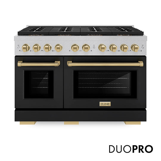 ZLINE Autograph Edition 48 in. 6.7 cu. ft. Paramount Gas Range with 8 Burner DuoPro™ Cooktop and Dual Ovens in Satin Stainless Steel with Black Matte Doors and Champagne Bronze Accents (PSGRSZ-BLM48-CB)