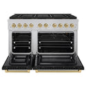 ZLINE Autograph Edition 48 in. 6.7 cu. ft. Paramount Gas Range with 8 Burner DuoPro™ Cooktop and Dual Ovens in Satin Stainless Steel with Black Matte Doors and Champagne Bronze Accents (PSGRSZ-BLM48-CB)