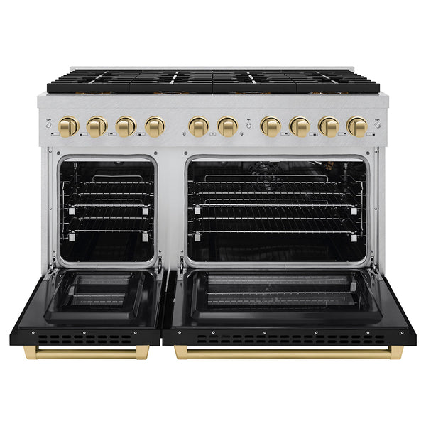ZLINE Autograph Edition 48 in. 6.7 cu. ft. Paramount Dual Fuel Range with 8 Burner DuoPro™ Cooktop and Dual Ovens in Satin Stainless Steel with Black Matte Doors and Champagne Bronze Accents (PSDRSZ-BLM48-CB)