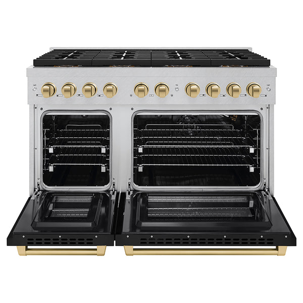 ZLINE Autograph Edition 48 in. 6.7 cu. ft. Paramount Gas Range with 8 Burner DuoPro™ Cooktop and Dual Ovens in Satin Stainless Steel with Black Matte Doors and Champagne Bronze Accents (PSGRSZ-BLM48-CB)