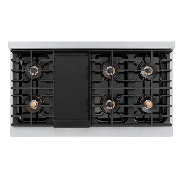 ZLINE Autograph Edition 48 in. 6.7 cu. ft. Paramount Gas Range with 8 Burner DuoPro™ Cooktop and Dual Ovens in Satin Stainless Steel with Black Matte Doors and Champagne Bronze Accents (PSGRSZ-BLM48-CB)