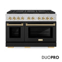 ZLINE Autograph Edition 48 in. 6.7 cu. ft. Paramount Gas Range with 8 Burner DuoPro™ Cooktop and Dual Ovens in Satin Stainless Steel with Black Matte Doors and Polished Gold Accents (PSGRSZ-BLM48-G)