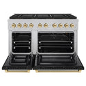 ZLINE Autograph Edition 48 in. 6.7 cu. ft. Paramount Gas Range with 8 Burner DuoPro™ Cooktop and Dual Ovens in Satin Stainless Steel with Black Matte Doors and Polished Gold Accents (PSGRSZ-BLM48-G)