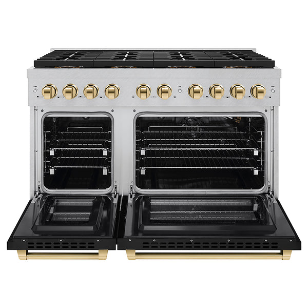 ZLINE Autograph Edition 48 in. 6.7 cu. ft. Paramount Gas Range with 8 Burner DuoPro™ Cooktop and Dual Ovens in Satin Stainless Steel with Black Matte Doors and Polished Gold Accents (PSGRSZ-BLM48-G)