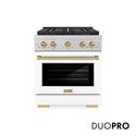 ZLINE Autograph Edition 30 in. 4.2 cu. ft. Paramount Gas Range with 4 Burner DuoPro™ Cooktop and Convection Gas Oven in Satin Stainless Steel with White Matte Door and Champagne Bronze Accents (PSGRSZ-WM-30-CB)