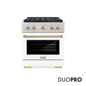 ZLINE Autograph Edition 30 in. 4.2 cu. ft. Paramount Gas Range with 4 Burner DuoPro™ Cooktop and Convection Gas Oven in Satin Stainless Steel with White Matte Door and Polished Gold Accents (PSGRSZ-WM-30-G)