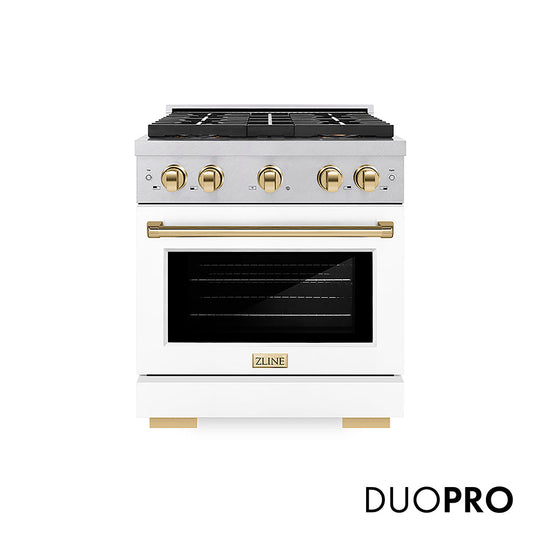 ZLINE Autograph Edition 30 in. 4.2 cu. ft. Paramount Gas Range with 4 Burner DuoPro™ Cooktop and Convection Gas Oven in Satin Stainless Steel with White Matte Door and Polished Gold Accents (PSGRSZ-WM-30-G)