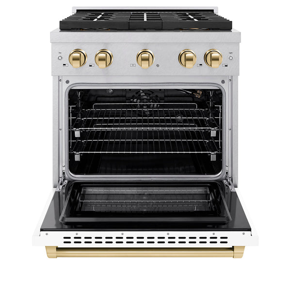 ZLINE Autograph Edition 30 in. 4.2 cu. ft. Paramount Gas Range with 4 Burner DuoPro™ Cooktop and Convection Gas Oven in Satin Stainless Steel with White Matte Door and Polished Gold Accents (PSGRSZ-WM-30-G)