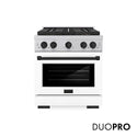ZLINE Autograph Edition 30 in. 4.2 cu. ft. Paramount Gas Range with 4 Burner DuoPro™ Cooktop and Convection Gas Oven in Satin Stainless Steel with White Matte Door and Matte Black Accents (PSGRSZ-WM-30-MB)