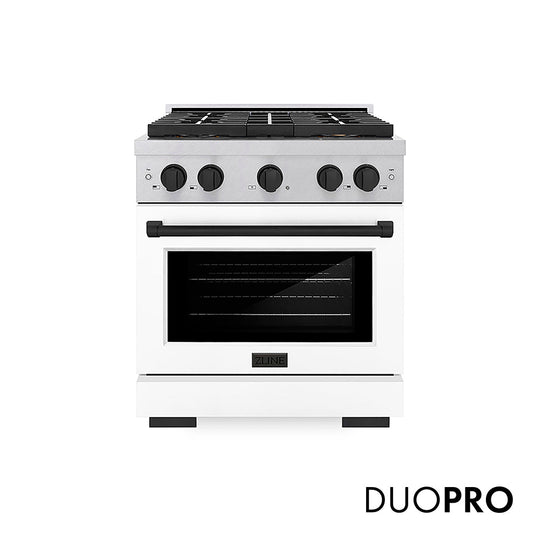 ZLINE Autograph Edition 30 in. 4.2 cu. ft. Paramount Gas Range with 4 Burner DuoPro™ Cooktop and Convection Gas Oven in Satin Stainless Steel with White Matte Door and Matte Black Accents (PSGRSZ-WM-30-MB)
