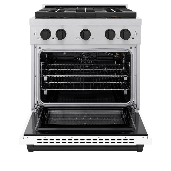 ZLINE Autograph Edition 30 in. 4.2 cu. ft. Paramount Gas Range with 4 Burner DuoPro™ Cooktop and Convection Gas Oven in Satin Stainless Steel with White Matte Door and Matte Black Accents (PSGRSZ-WM-30-MB)