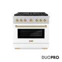 ZLINE Autograph Edition 36 in. 5.2 cu. ft. Paramount Gas Range with 6 Burner DuoPro™ Cooktop and Convection Gas Oven in Satin Stainless Steel with White Matte Door and Champagne Bronze Accents (PSGRSZ-WM-36-CB)