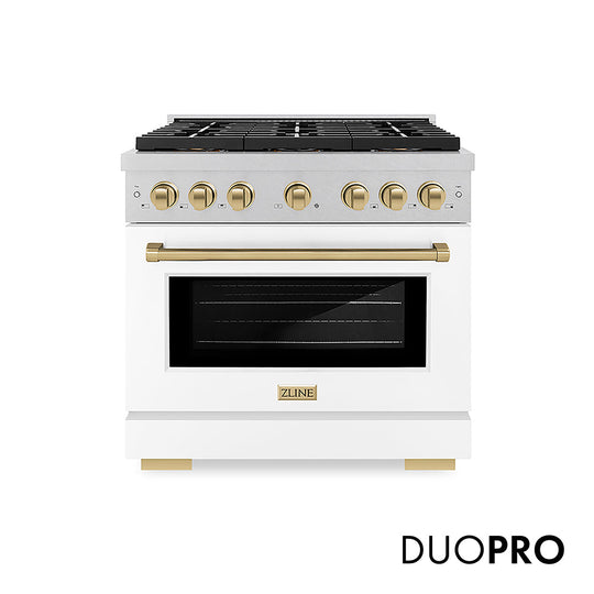 ZLINE Autograph Edition 36 in. 5.2 cu. ft. Paramount Gas Range with 6 Burner DuoPro™ Cooktop and Convection Gas Oven in Satin Stainless Steel with White Matte Door and Champagne Bronze Accents (PSGRSZ-WM-36-CB)