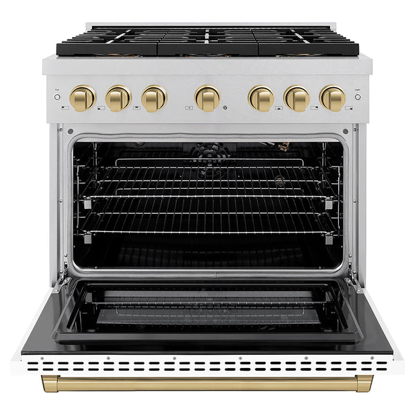 ZLINE Autograph Edition 36 in. 5.2 cu. ft. Paramount Gas Range with 6 Burner DuoPro™ Cooktop and Convection Gas Oven in Satin Stainless Steel with White Matte Door and Champagne Bronze Accents (PSGRSZ-WM-36-CB)