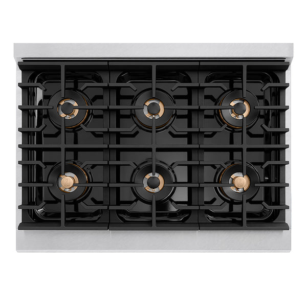 ZLINE Autograph Edition 36 in. 5.2 cu. ft. Paramount Gas Range with 6 Burner DuoPro™ Cooktop and Convection Gas Oven in Satin Stainless Steel with White Matte Door and Champagne Bronze Accents (PSGRSZ-WM-36-CB)