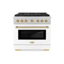 ZLINE Autograph Edition 36 in. 5.2 cu. ft. Paramount Gas Range with 6 Burner DuoPro™ Cooktop and Convection Gas Oven in Satin Stainless Steel with White Matte Door and Polished Gold Accents (PSGRSZ-WM-36-G)
