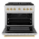 ZLINE Autograph Edition 36 in. 5.2 cu. ft. Paramount Gas Range with 6 Burner DuoPro™ Cooktop and Convection Gas Oven in Satin Stainless Steel with White Matte Door and Polished Gold Accents (PSGRSZ-WM-36-G)