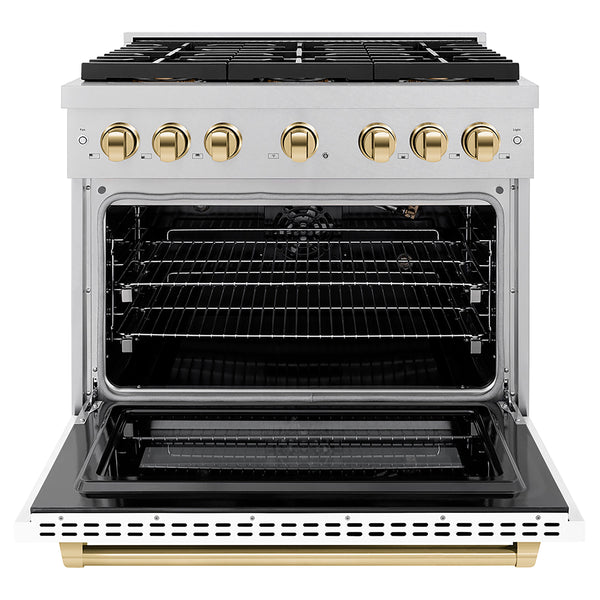 ZLINE Autograph Edition 36 in. 5.2 cu. ft. Paramount Gas Range with 6 Burner DuoPro™ Cooktop and Convection Gas Oven in Satin Stainless Steel with White Matte Door and Polished Gold Accents (PSGRSZ-WM-36-G)