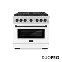 ZLINE Autograph Edition 36 in. 5.2 cu. ft. Paramount Gas Range with 6 Burner DuoPro™ Cooktop and Convection Gas Oven in Satin Stainless Steel with White Matte Door and Matte Black Accents (PSGRSZ-WM-36-MB)