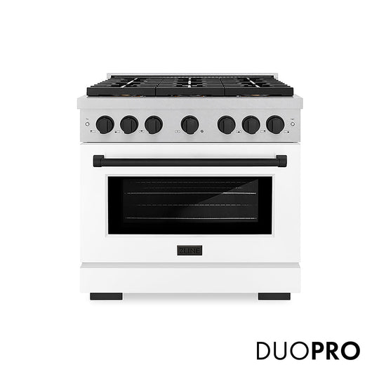 ZLINE Autograph Edition 36 in. 5.2 cu. ft. Paramount Gas Range with 6 Burner DuoPro™ Cooktop and Convection Gas Oven in Satin Stainless Steel with White Matte Door and Matte Black Accents (PSGRSZ-WM-36-MB)