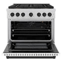 ZLINE Autograph Edition 36 in. 5.2 cu. ft. Paramount Gas Range with 6 Burner DuoPro™ Cooktop and Convection Gas Oven in Satin Stainless Steel with White Matte Door and Matte Black Accents (PSGRSZ-WM-36-MB)