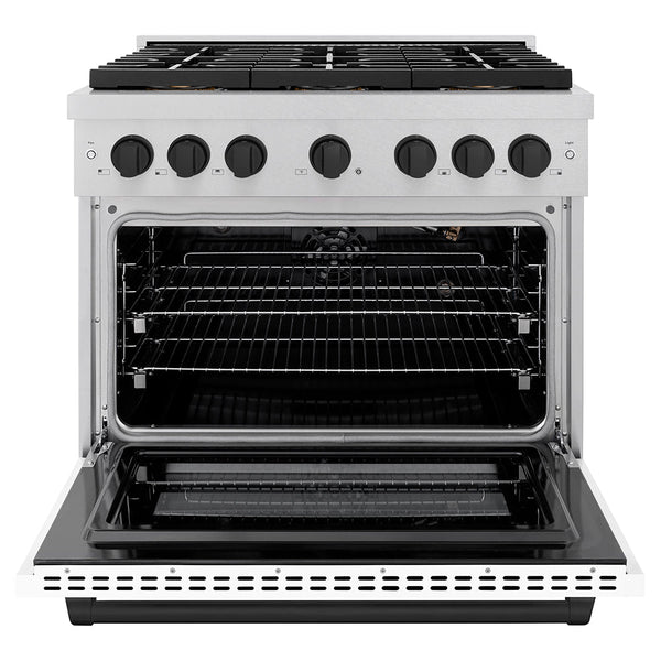 ZLINE Autograph Edition 36 in. 5.2 cu. ft. Paramount Gas Range with 6 Burner DuoPro™ Cooktop and Convection Gas Oven in Satin Stainless Steel with White Matte Door and Matte Black Accents (PSGRSZ-WM-36-MB)