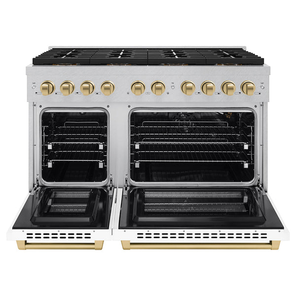 ZLINE Autograph Edition 48 in. 6.7 cu. ft. Paramount Gas Range with 8 Burner DuoPro™ Cooktop and Dual Ovens in Satin Stainless Steel with White Matte Doors and Champagne Bronze Accents (PSGRSZ-WM-48-CB)