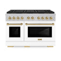 ZLINE Autograph Edition 48 in. 6.7 cu. ft. Paramount Gas Range with 8 Burner DuoPro™ Cooktop and Dual Ovens in Satin Stainless Steel with White Matte Doors and Champagne Bronze Accents (PSGRSZ-WM-48-CB)