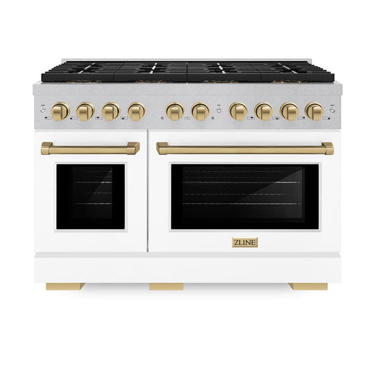ZLINE Autograph Edition 48 in. 6.7 cu. ft. Paramount Gas Range with 8 Burner DuoPro™ Cooktop and Dual Ovens in Satin Stainless Steel with White Matte Doors and Champagne Bronze Accents (PSGRSZ-WM-48-CB)