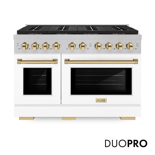 ZLINE Autograph Edition 48 in. 6.7 cu. ft. Paramount Gas Range with 8 Burner DuoPro™ Cooktop and Dual Ovens in Satin Stainless Steel with White Matte Doors and Polished Gold Accents (PSGRSZ-WM-48-G)