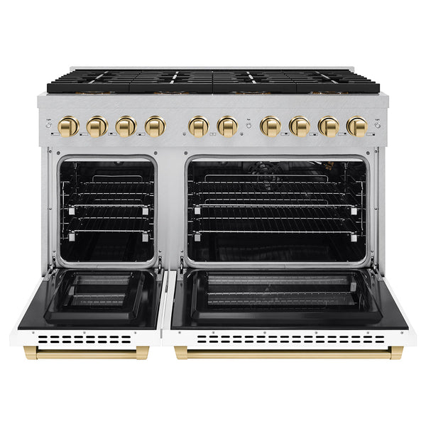ZLINE Autograph Edition 48 in. 6.7 cu. ft. Paramount Gas Range with 8 Burner DuoPro™ Cooktop and Dual Ovens in Satin Stainless Steel with White Matte Doors and Polished Gold Accents (PSGRSZ-WM-48-G)