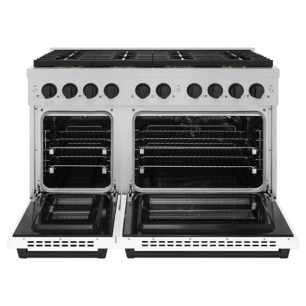 ZLINE Autograph Edition 48 in. 6.7 cu. ft. Paramount Gas Range with 8 Burner DuoPro™ Cooktop and Dual Ovens in Satin Stainless Steel with White Matte Doors and Matte Black Accents (PSGRSZ-WM-48-MB)