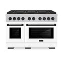 ZLINE Autograph Edition 48 in. 6.7 cu. ft. Paramount Gas Range with 8 Burner DuoPro™ Cooktop and Dual Ovens in Satin Stainless Steel with White Matte Doors and Matte Black Accents (PSGRSZ-WM-48-MB)